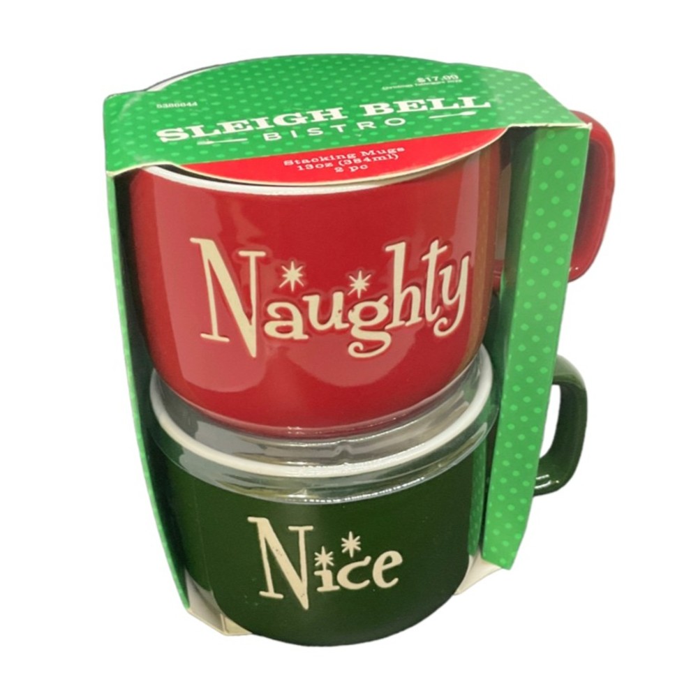Sleigh Bell Bistro "Nice & Naughty" Holiday 13 oz. Coffee/Tea Mug Cup Set Of 2
